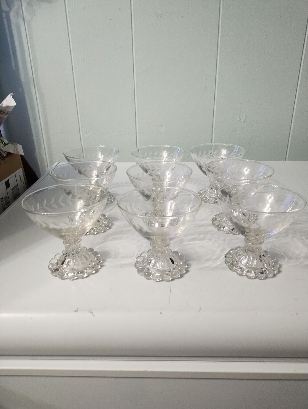 Vintage Laurel Leaf Etched Berwick Boopie Champagne Coupe/ Tall Sherbet Glasses